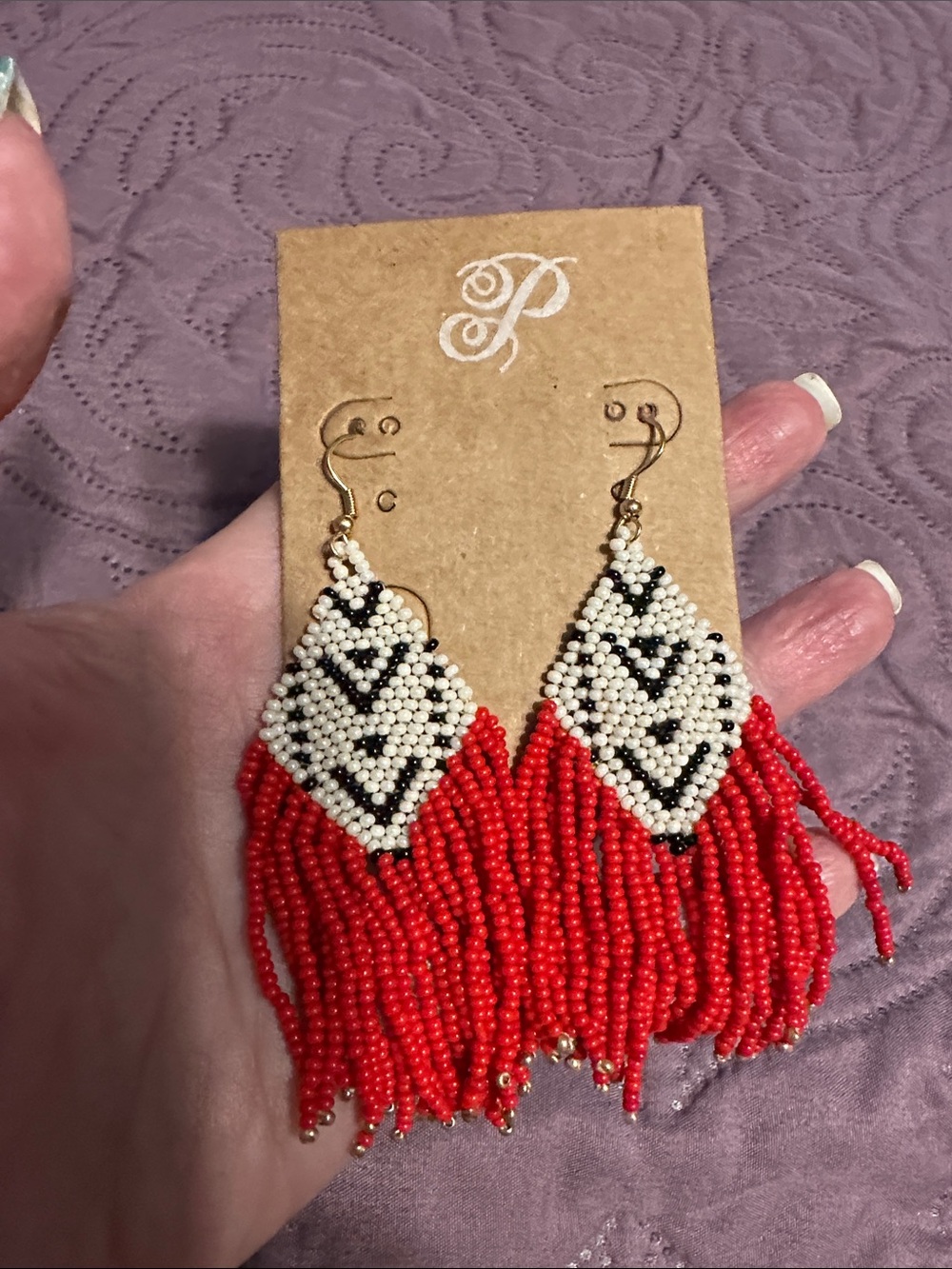 Southwestern Plunder Red, White & Black Beaded Fringe Earrings